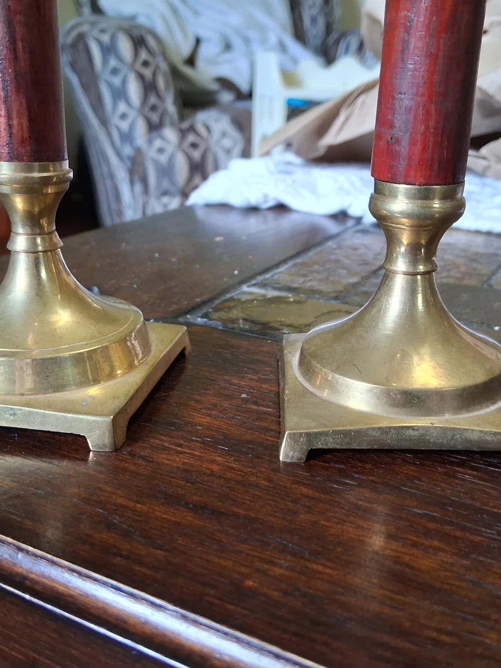 Vintage Pair Brass & Wood Taper Candlestick Holders